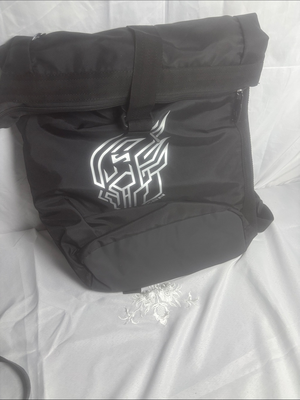Black Roll-Top Men's Backpack with White Graphic